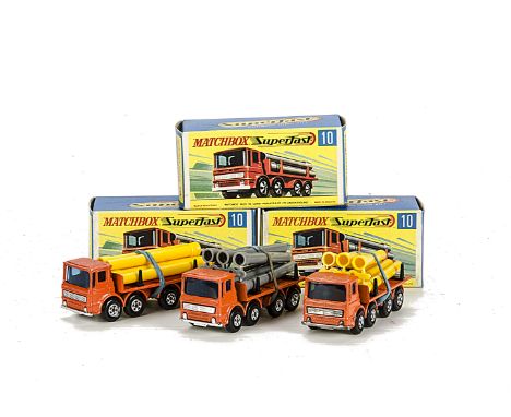 Matchbox Superfast MB-10A Pipe Truck, three examples, all orange body, chrome base, two with yellow pipes, one grey, in type 