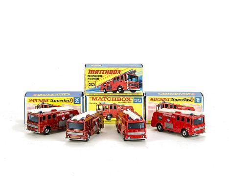 Matchbox Superfast MB-35A Merryweather Fire Engine, four examples, variations include metallic red body, light grey base, 2 c