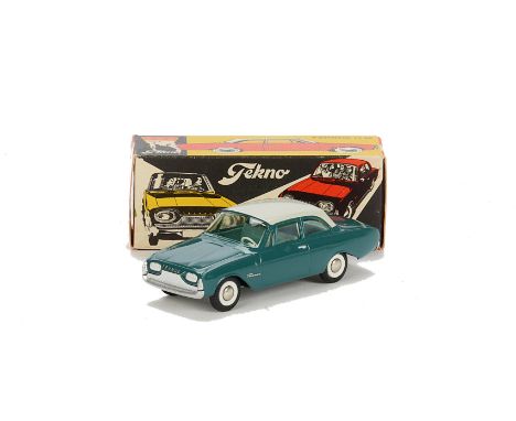 A Tekno 826 Ford Taunus 17 M, dark teal blue body, white roof, light blue interior, white wheels, steel hubs, in original box
