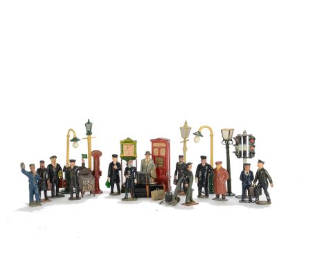 Britains, Hilco, Timpo, Crescent, lot of lead Railway personnel, passengers, accessories, etc, and white metal, P-F, a few G,