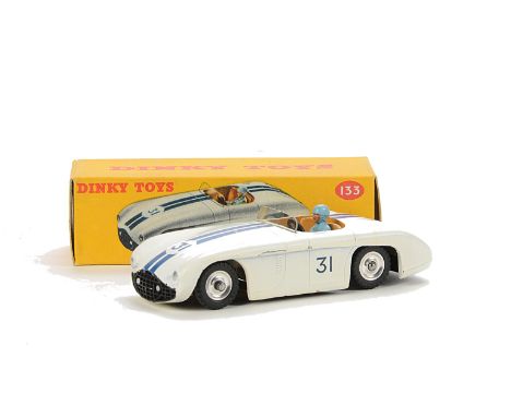 A Dinky Toys 133 Cunningham C-5R Road Racer, matt white body, dark blue stripes, RN31, light blue driver, spun hubs, in origi