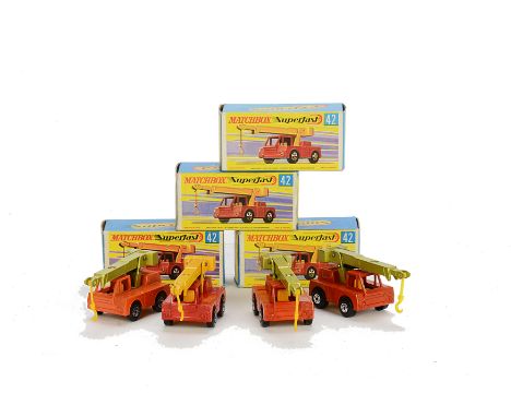 Matchbox Superfast MB-42A Iron Fairy Crane, four examples, variations include light orange body, lime boom, second dark orang
