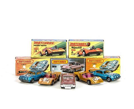 Matchbox Superfast MB-4B, 4C & 4D, 4B Gruesome Twosome (2), light gold body, yellow interior, purple windows, unpainted base,