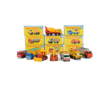 Late Issue Matchbox Lesney 1-75 Series Construction Vehicles, 42c Iron Fairy Crane, 21d Foden Concrete Truck, 26c GMC Tipper 