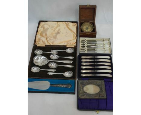 A quantity of cased flatware to inc HM silver-handled knives, a Chinese photograph frame and a binnacle compass