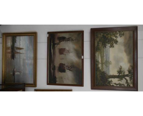 Two oils on canvas of a landscape & seascape; together with a colour print after Abraham Hulk (3)