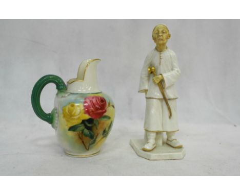 A Royal Worcester hand-painted jug; together with a Royal Worcester figure of an Oriental man (figure A/F)