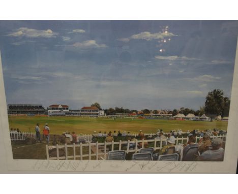 A hand signed cricket print after Michael John Hunt (b. 1941)