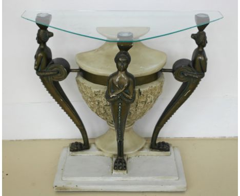 A modern console table with three ladies on claw feet, urn back and glass top