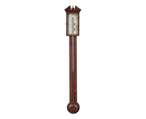 A GEORGE III MAHOGANY MERCURY STICK BAROMETER, WILLIAM BOWLEY, SHREWSBURYEARLY 19TH CENTURYWith open triangular pediment over