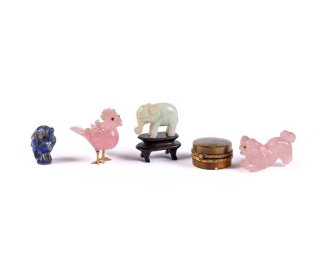 A GROUP OF VARIOUS CARVED STONE ORNAMENTSMOSTLY EUROPEANComprising a carved rose quartz model of a chicken, a similar chicken