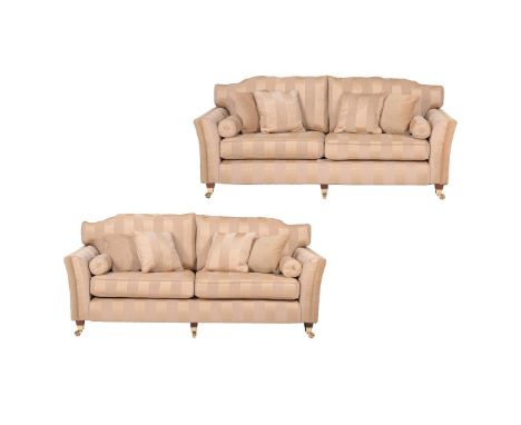 A PAIR OF UPHOLSTERED SOFASRECENTLY MANUFACTURED BY KIRKDALEUpholstered in pale striped woven fabric80cm high, 217cm wide, 10