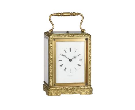 A FRENCH BRASS CARRIAGE CLOCK WITH PUSH-BUTTON REPEAT AND FOLIATE CAST ONE-PIECE CASE, HENRY ET CIE, PARISCIRCA 1840The two-t
