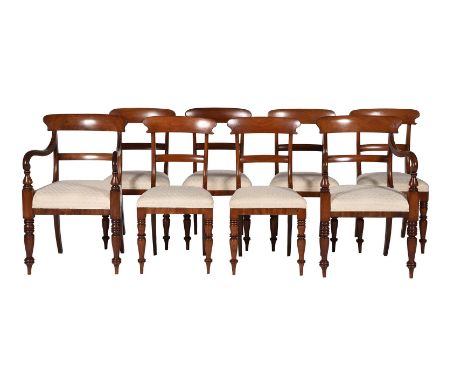 A SET OF EIGHT EARLY VICTORIAN MAHOGANY DINING CHAIRSCIRCA 1840Upholstered in pale pattern woven fabric The armchair 88cm hig