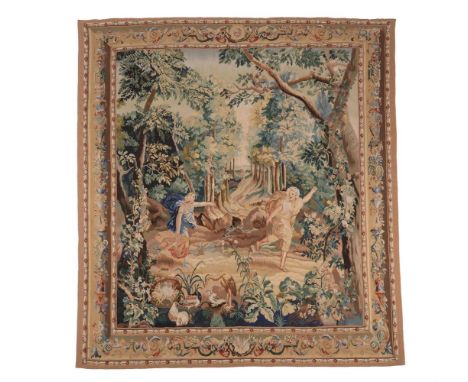 A CLASSICAL VERDURE TAPESTRY  PROBABLY FRENCH, LATE 19TH CENTURY  Female figures in forest setting, birds in the foreground  