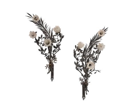 A PAIR OF METAL WALL LIGHTSEach with glass floriform shades 123cm high overallCondition Report: Overall a matt 'brown' finish