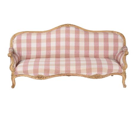 A PAIR OF FRENCH BEECH AND UPHOLSTERED SOFAS IN LOUIS XV STYLE19TH CENTURYEach 91cm high, 192cm wide, approximately 75cm deep