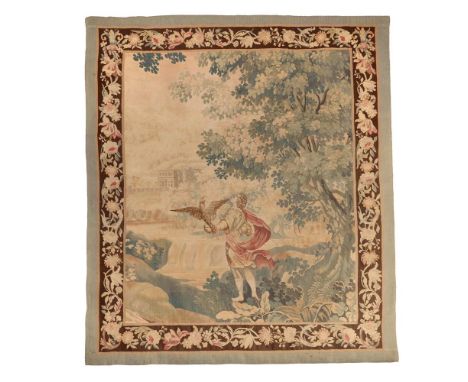 A FRENCH WOVEN FALCONRY TAPESTRY PANEL 19TH CENTURY IN THE EARLY 18TH CENTURY STYLE Depicting young man with bird of prey in 