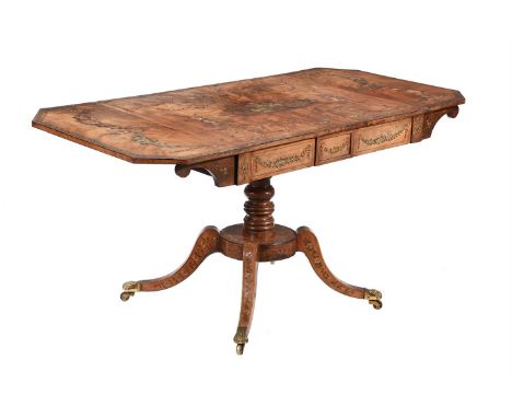 A GEORGE IV MAHOGANY AND POLYCHROME PAINTED SOFA TABLEEARLY 19TH CENTURY AND LATERTwo frieze drawers, one stamped '074'70cm h