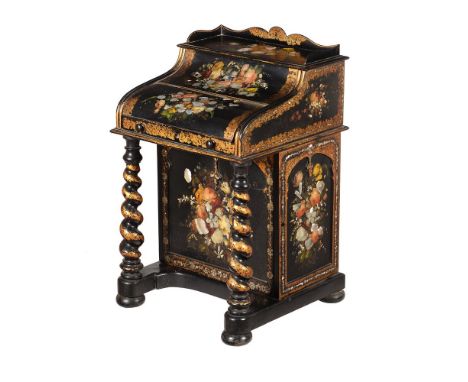 Y A GILT AND POLYCHROME DECORATED PAPIER MACHE DAVENPORTIN THE MANNER OF JENNENS & BETTRIDGE, MID 19TH CENTURYInset with moth