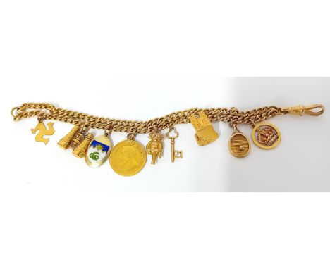 A 9ct gold charm bracelet, to include charms of a crown, tennis racket, Westminster Abbey, imp, 1896 South African coin, bino