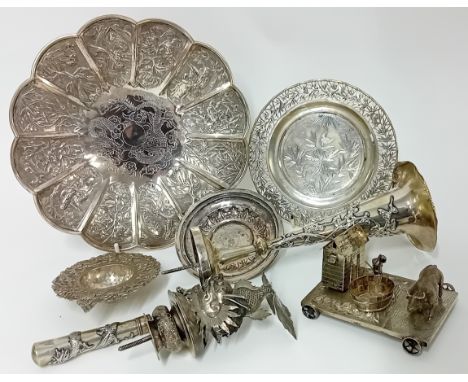 Chinese novelty silver condiment set in the form of a water buffalo, a farmhouse and the trough on wheels (faults) together w