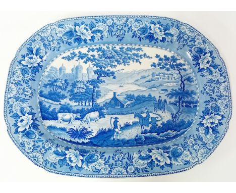 A 19th century Swansea pottery platter with blue and white transfer print in the 'Ladies of Llangollen' pattern, approx 48cm 