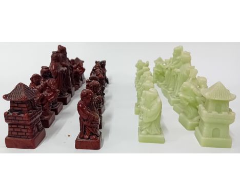A modern Chinese style complete chess set, of green onyx and wood.