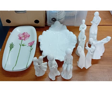 A collection of white porcelain figures, to include five by Royal Doulton, together with a Villeroy Bosch pair of patters and