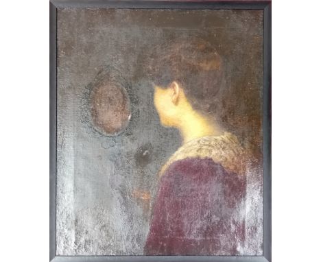 British School, a late 19th century impressionist oil on canvas, 'The Looking Glass', to show a woman in red with a lace coll