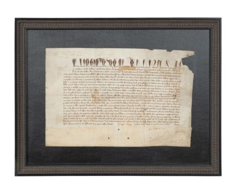 An original manuscript document from the court of  Edward III of England containing the fancy  calligraphy of the day showing