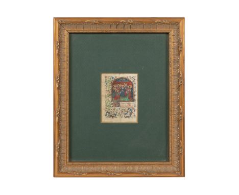 Medieval Book of Hours velum manuscript leaf,  Central France, circa 1470, gilded illuminated  Roman Catholic devotional page
