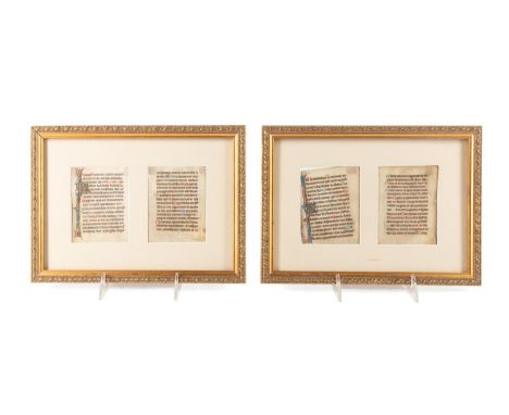 Four different leaves from a manuscript copy of  the book of hours, circa 1400's. Being colored  with red, blue and gold and 