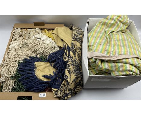 Quantity of decorative upholstery trims, cotton throw with tasselled edges and a pair of vintage striped curtains