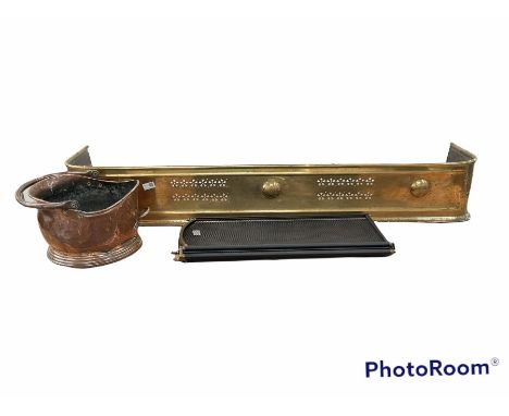 Brass fender, fire guard and copper coal scuttle