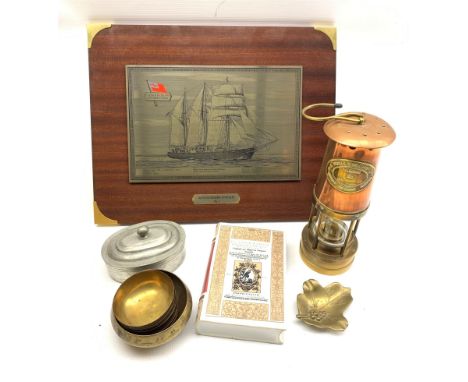 E Thomas Williams Cambrian safety miners lamp no. 187559, various brass bowls, whisky flask in the form of a book, Windjammer