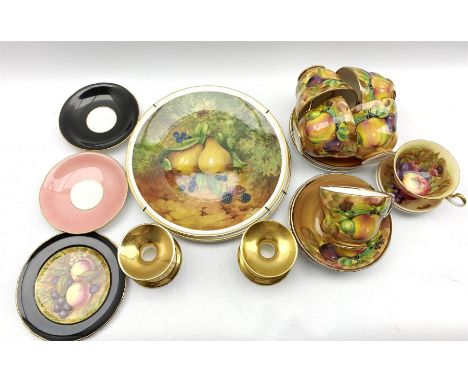 Aynsley cup and saucer internally decorated with fruit, Aynsley black ground tea plate and saucer, Hose St. Pottery cups and 