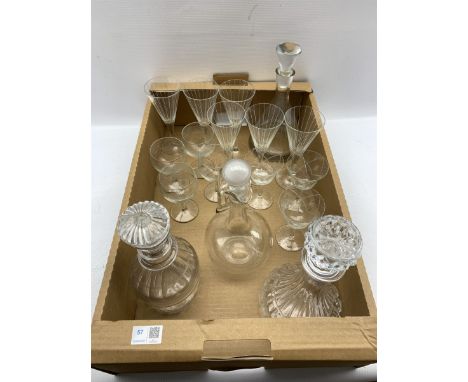 MCG glass decanter and six matching glasses, two decanters, claret jug and other glass