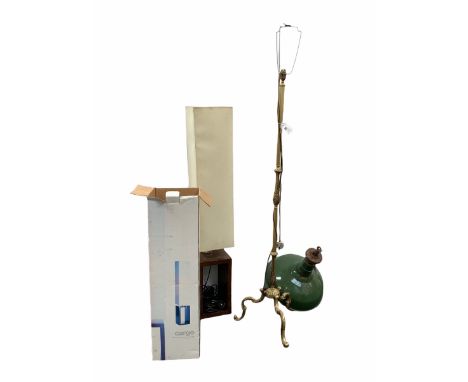 Cast brass standard lamp, together with an industrial style green and white enamel pendent light fitting, and a dark wood flo