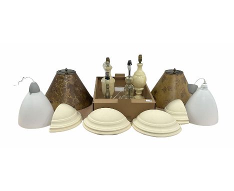 Four painted ceramic wall light fittings, together with a pair of pendent light fittings and various table lamps (12)