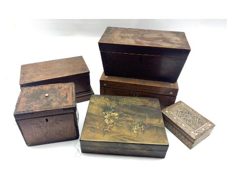 19th century inlaid satinwood tea caddy, another caddy and four other boxes