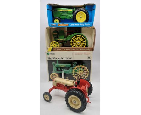 4 x Die Cast collectors tractors.John Deere Utility Tractor. 1:16 scale.John Deere 1915 model R Waterloo Boy, collectors edit