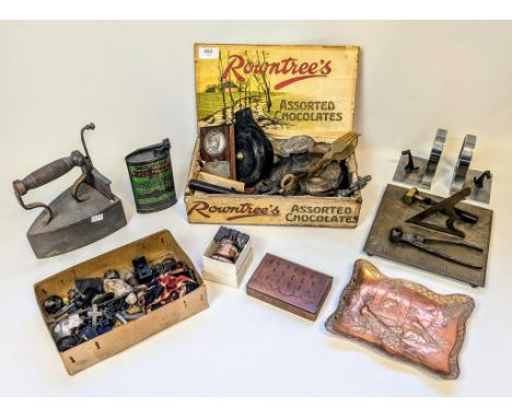 Collectable odds to include iron, bookends, loose coins, brass sun dial, various tools, Rowntree's box, candlestick holders e
