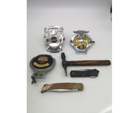 Three vintage enamel car badges together with fishing knife, pocket knife and tap hammer