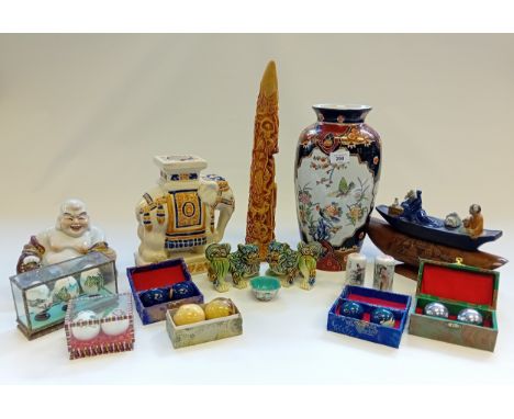 Mixed lot of Oriental foo dogs, elephant stand, soap stone carving, trinket dish, vase, Buddha, porcelain sculpture, wooden p