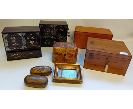 Mixed lot to include tortoise shell tea caddy, oriental jewellery boxes, a three compartment tea caddy wooden storage box, of