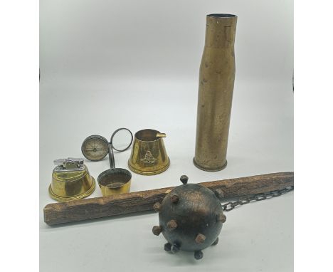Lot of trench art to include lighter ashtray , vintage mirrored compass and a wooden cosh.