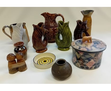 Collection of Porcelain &amp; Pottery to includes fish shaped Glug Glug jugs, Arthur Wood glazed jug, Vintage handmade soap s