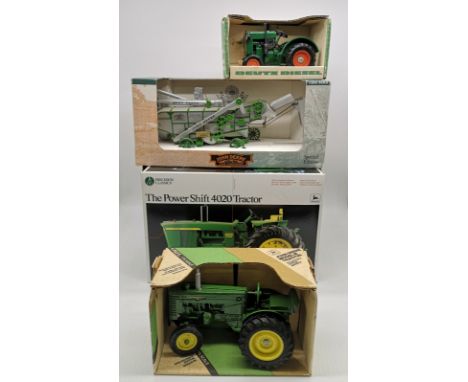 4 x Die Cast TractorsJohn Deere Power Shift 4020 tractor, 1:16 scale.Deutx Diesel tractor, 1:16 scale.John Deere 1938 Threshe