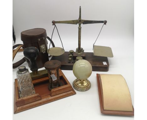 Lot of collectables to include vintage desk set, perfume bottle, scales and onex paper weight, paper stamp and small leather 
